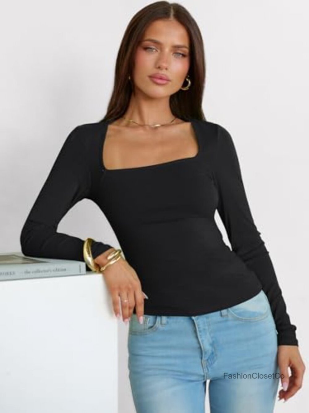 Long Sleeve Square Neck Ribbed Skinny Fit Top Women's Pullover - Picture 4 of 6